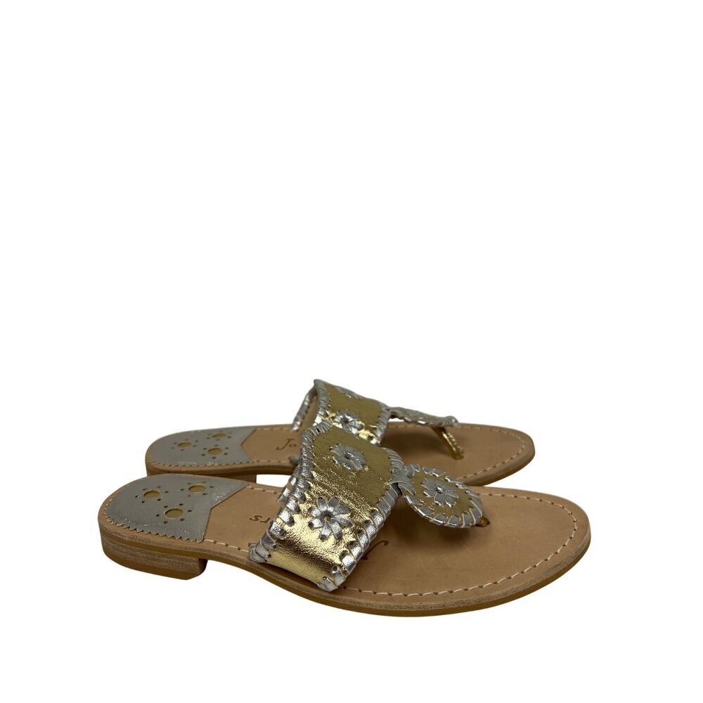 NEW Jack Rogers Women's Sandal Flat Block Heel Silver Gold Size 6 Leather Navajo